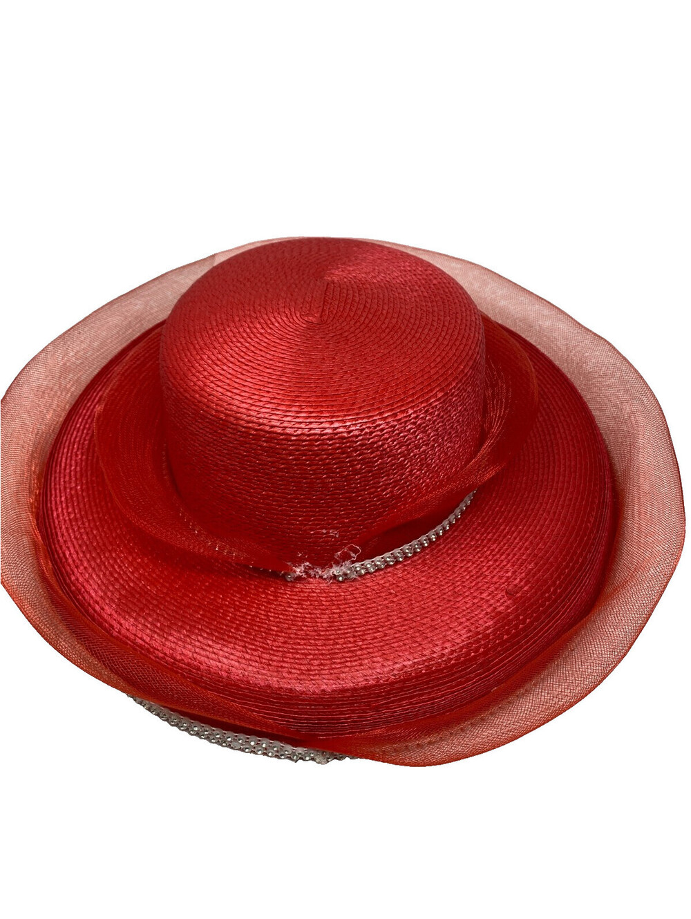 Red Church Hat Womens Boater Wide Brim Rhinestone Crinoline Derby Wedding Easter